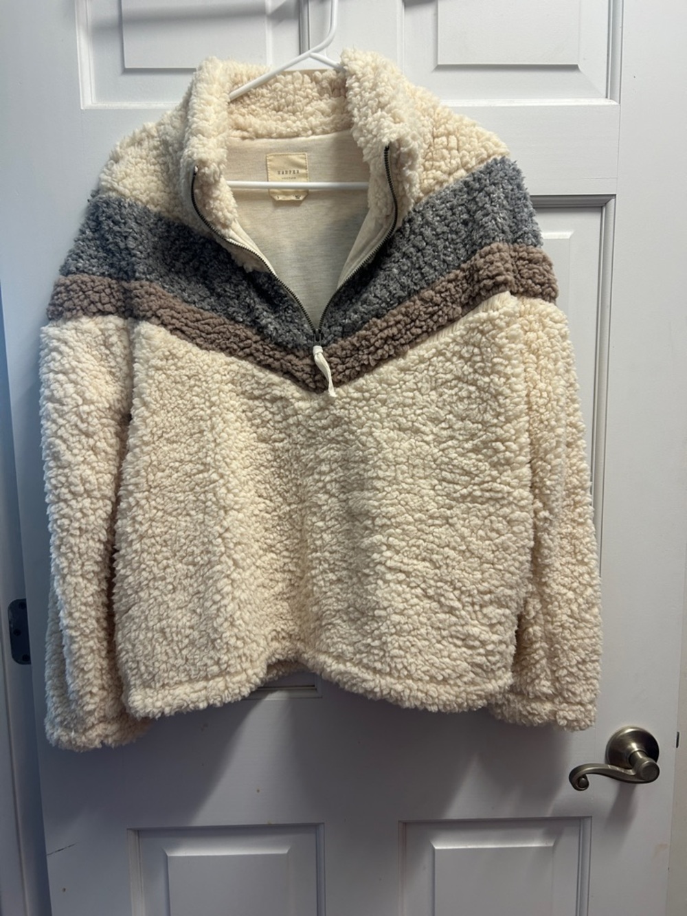 Cozy Sherpa Half-Zip Pullover Sweater - Cream with Gray & Taupe Stripe